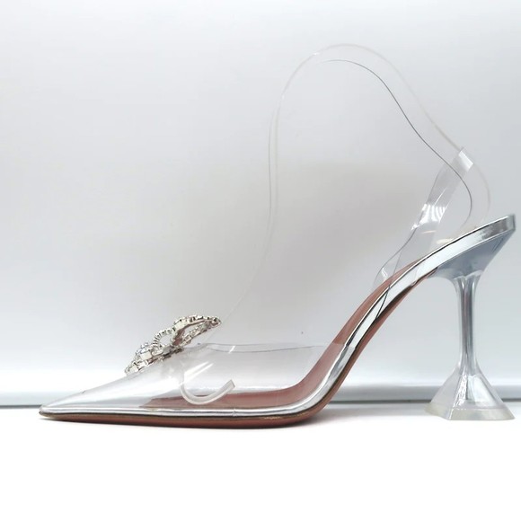 Amina Muaddi Rosie Glass Slingback Pumps Clear PVC Size 38.5 Crystal Bow Heels - Picture 8 of 12